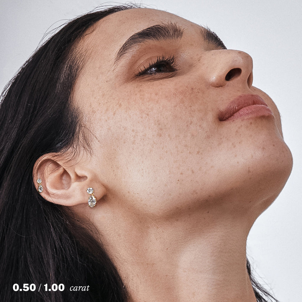עגיל יהלומים נופל אובל מעבדה זהב צהוב 14K על אוזן אישה