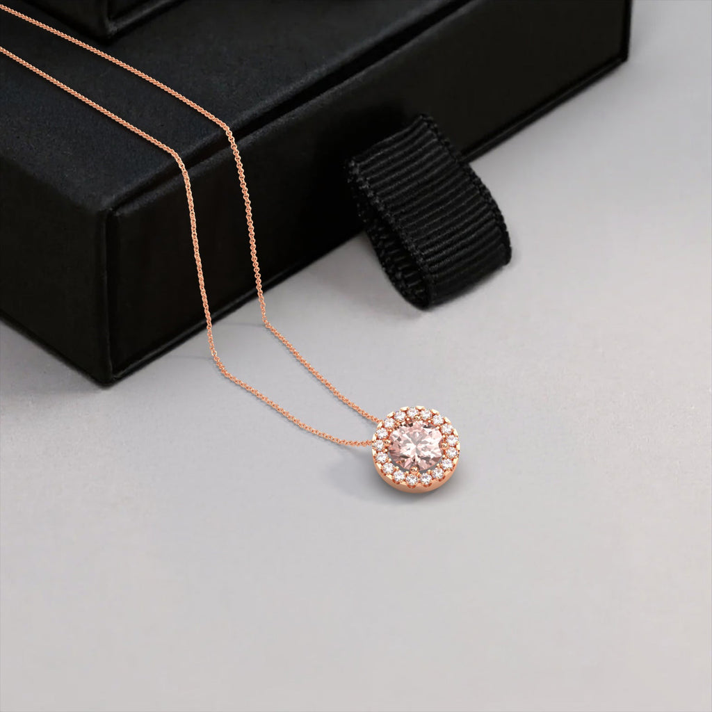 יהלום ורוד עגול בשרשרת קלאסית בזהב ורוד