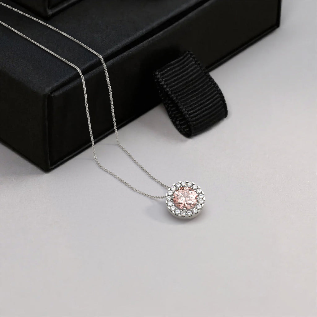 יהלום ורוד עגול בשרשרת קלאסית בזהב לבן