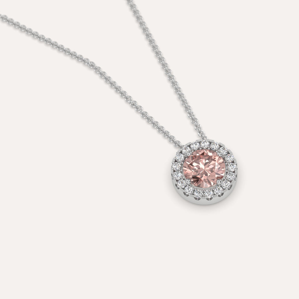 שרשרת יהלום ורוד עגול בודד זהב לבן 14K